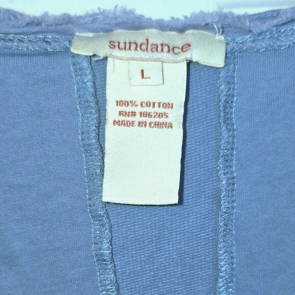 Sundance Mix Media Blouse 3/4 Sleeve Peplem Sz Large Blue Faux Button Back - Picture 3 of 12